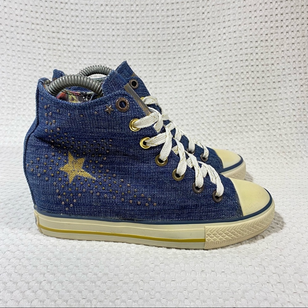 Daddy's Money Dark Blue Denim Stars Hidden Wedge Heel Sneaker Shoe; Women’s Sz 7